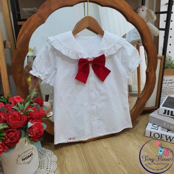 Áo sơ mi trắng cổ điệu nơ đỏ size 7-11